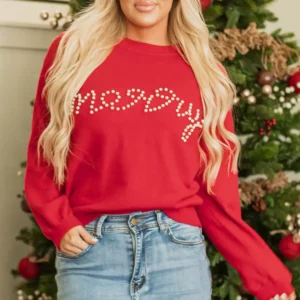 Fiery Red Pearl Beaded Merry Sweater