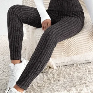 Dark Grey Ribbed Knit Leggings