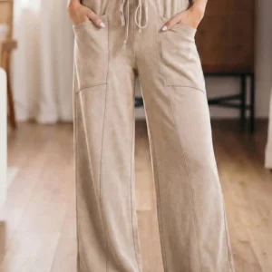 Smoke Gray Mineral-Wash Drawstring Western High-Waist Wide-Leg Pants