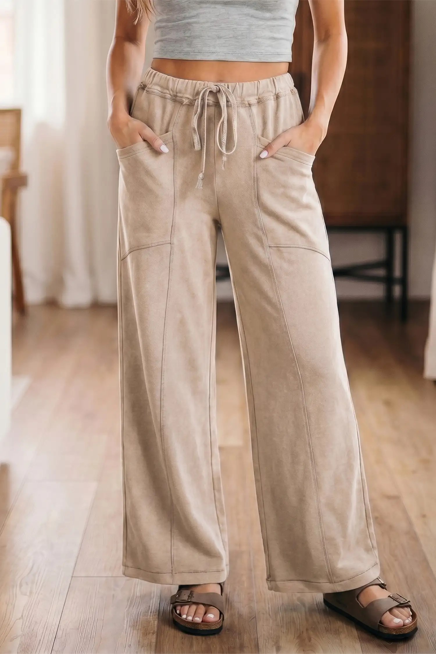 Smoke Gray Mineral-Wash Drawstring Western High-Waist Wide-Leg Pants