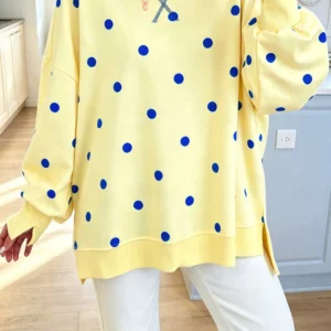 Yellow Polka Dot Oversized Long Sleeve Pullover Top – Round Neck, Split Hem