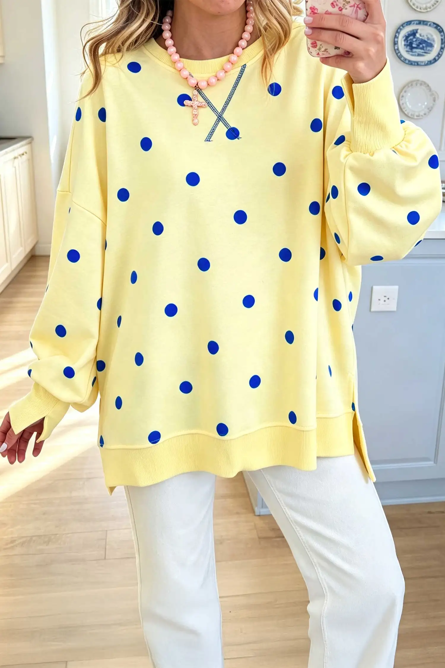 Yellow Polka Dot Oversized Long Sleeve Pullover Top – Round Neck, Split Hem
