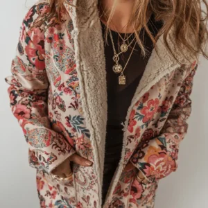Vintage Paisley Floral Sherpa Lined Winters Warm Hooded Jacket for Cozy Stylish Outdoor Adventures