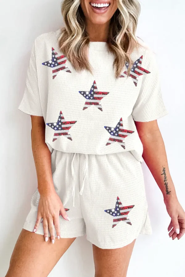 White Waffle Sequin American Flag Star Shorts Set