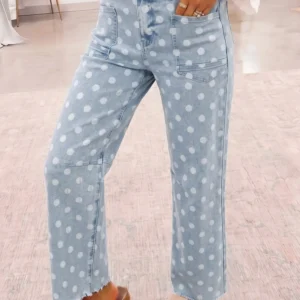 Sky Blue Polka Dot Casual Slim-Fit Jeans