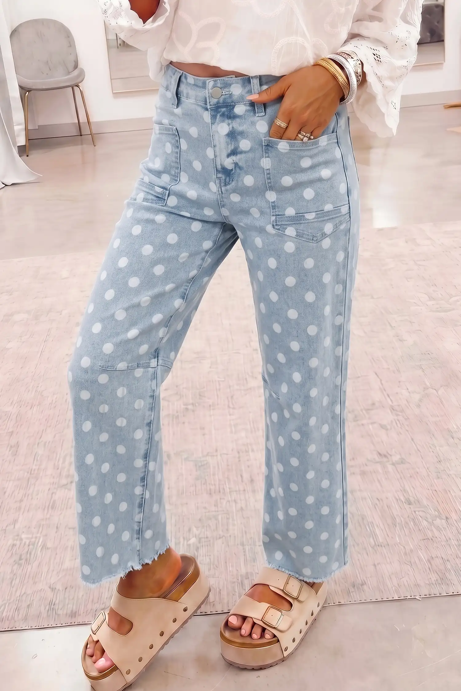 Sky Blue Polka Dot Casual Slim-Fit Jeans