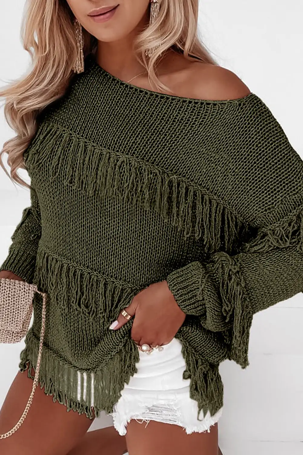 Chic Green Tasseled Knitted Sweater