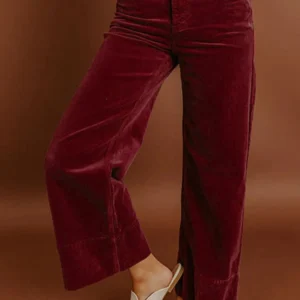 Burgundy Corduroy Solid-Color High-Waist Wide-Leg Pants