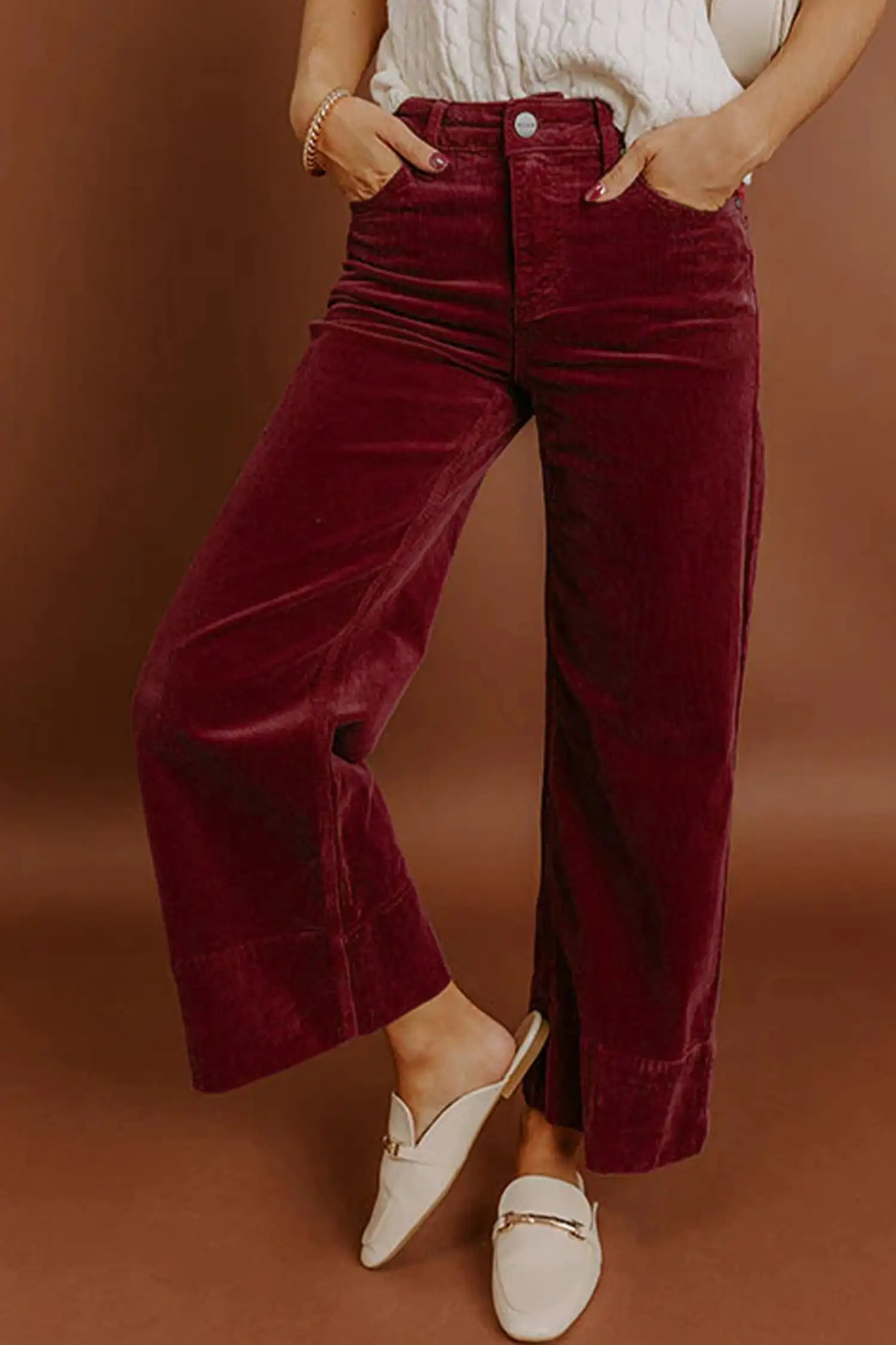 Burgundy Corduroy Solid-Color High-Waist Wide-Leg Pants