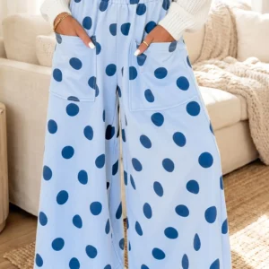 Sky Blue Polka Dot Wide-Leg Pants with Elastic Waist