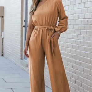 Khaki Crinkled One-shoulder Jumpsuit