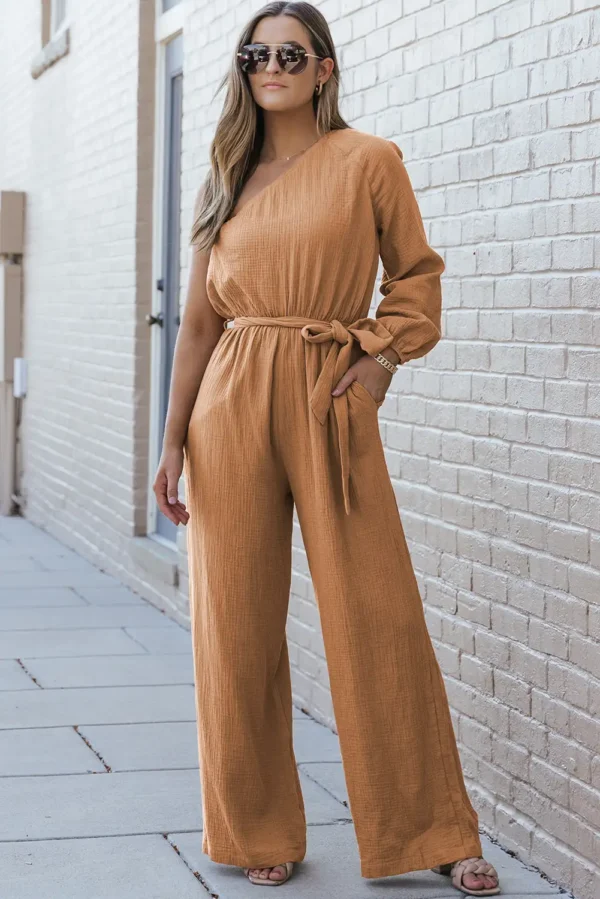 Khaki Crinkled One-shoulder Jumpsuit