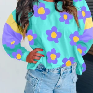 Sky Blue Floral Color Block Long Sleeve Casual Top for Fall and Autumn by Southern Belle Vintage