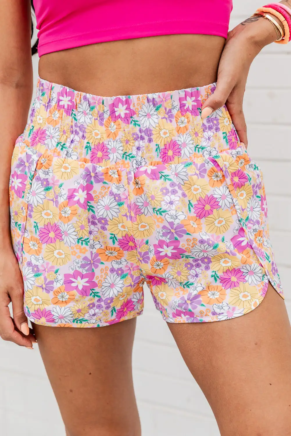 Pink Boho Floral High Waist Shorts