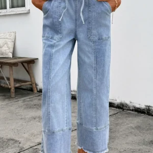 Beau Blue Drawstring WideLeg Denim Pants with Seam Detail