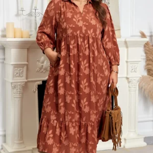 Cinnamon Textured 3D Flower Maxi Dress - Plus Size, 3/4 Sleeve, Ruffle Hem