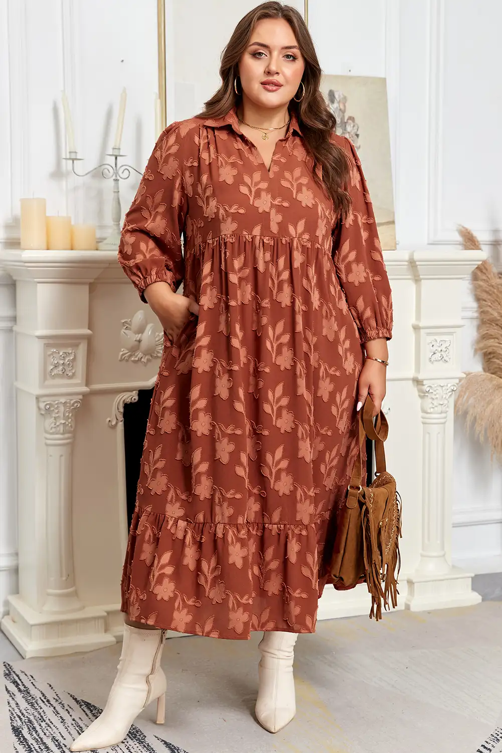 Cinnamon Textured 3D Flower Maxi Dress - Plus Size, 3/4 Sleeve, Ruffle Hem