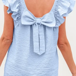 Beau Blue Textured Bowknot Blouse with Butterfly Sleeves