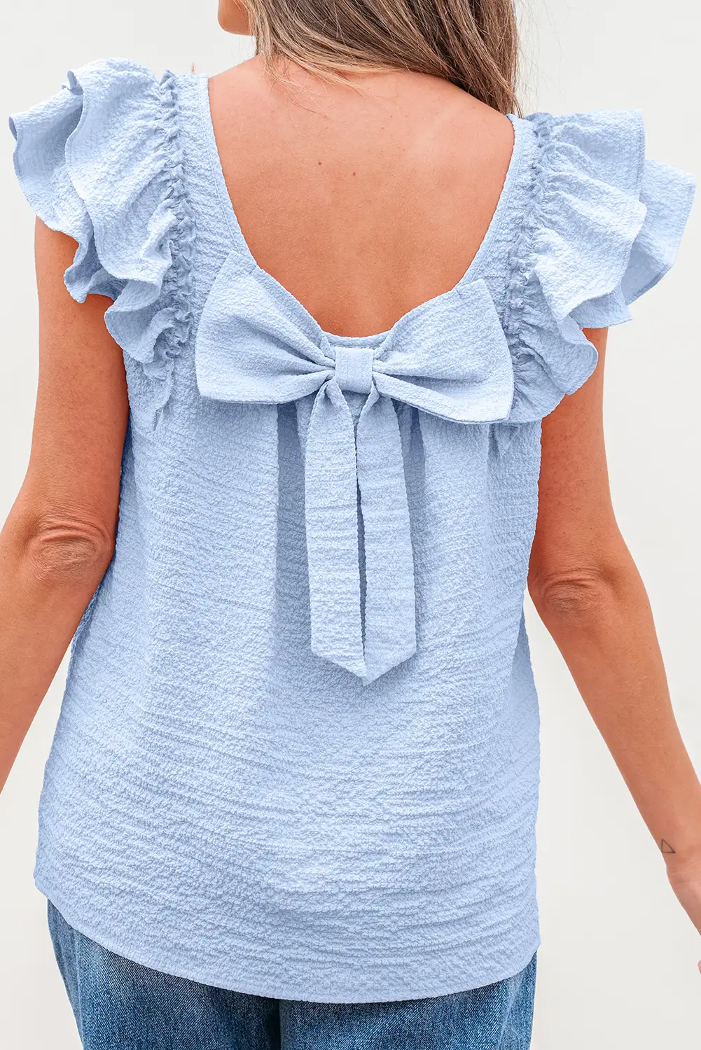 Beau Blue Textured Bowknot Blouse with Butterfly Sleeves