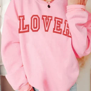Cozy Pink LOVER Puff Print Graphic Sweatshirt for Fall Vibes Perfect for Valentine’s Day Celebrations