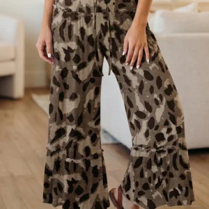 Brown Camo Wide-Leg Casual Pants