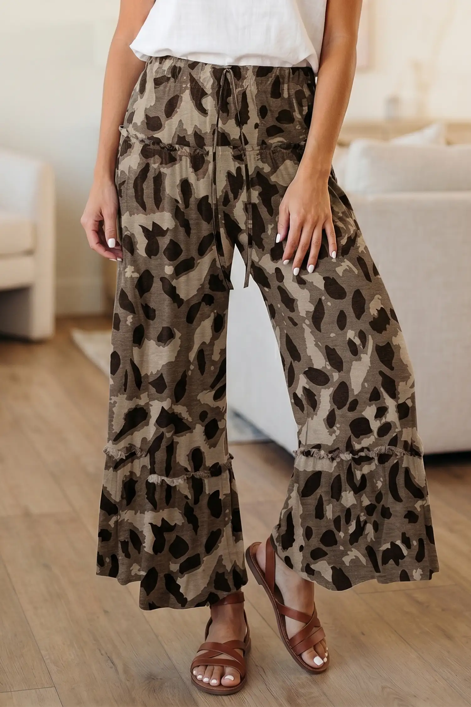 Brown Camo Wide-Leg Casual Pants