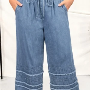 Dusk Blue Tiered Raw-Edge Ruffled Denim Pants – Plus Size Wide-Leg