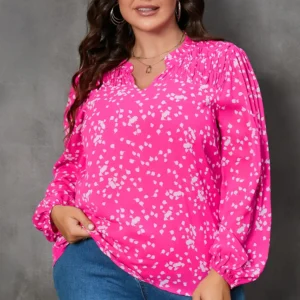 Elegant Hot Pink Floral Print Ruched Split V-Neck Blouse