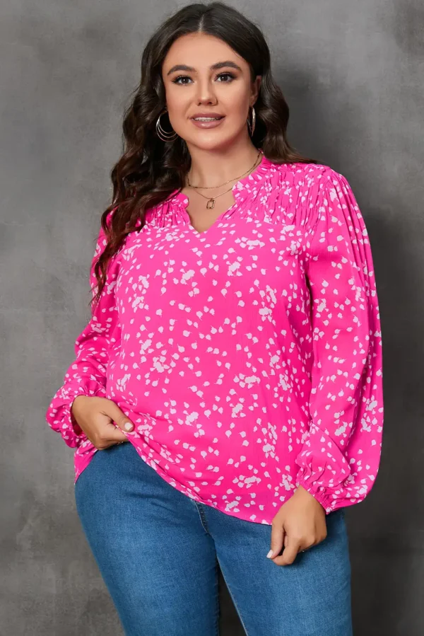 Elegant Hot Pink Floral Print Ruched Split V-Neck Blouse