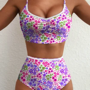 Purple Floral Lace Trim High-Waisted Bikini with Spaghetti Straps