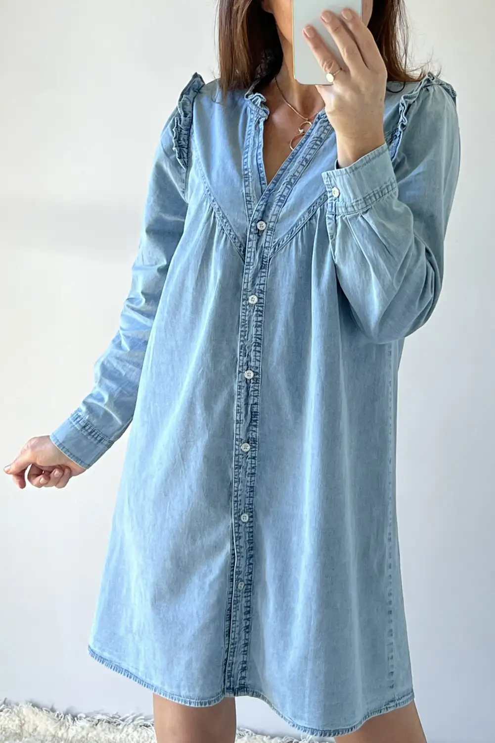 Chic Denim V-Neck Ruffle Shift Dress