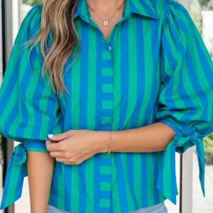 Blue Stripe Tie-Puff Sleeve Button-Down Shirt