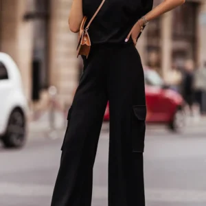 Elegant Black High Neck Sleeveless Vest and Cargo Pants Set