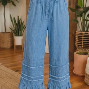 Dusk Blue Chambray Wide-Leg Pants with Ruffled Hem