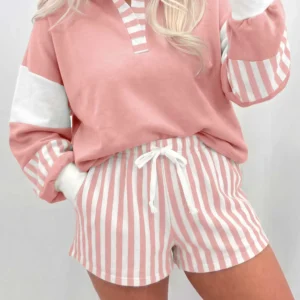 Gossamer Pink Striped Color-Block Two-Piece Set (Pullover Top + Drawstring Shorts)