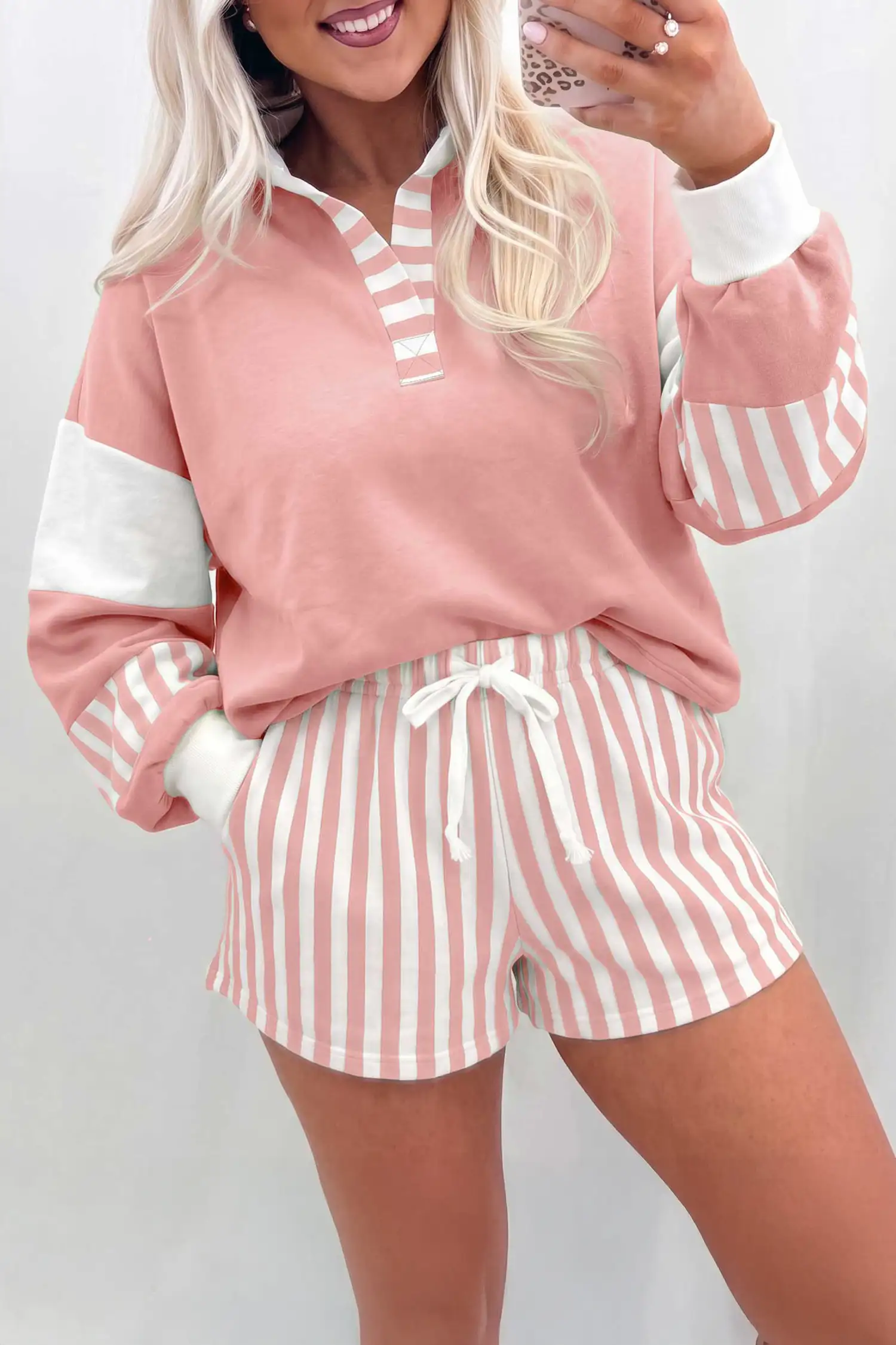 Gossamer Pink Striped Color-Block Two-Piece Set (Pullover Top + Drawstring Shorts)