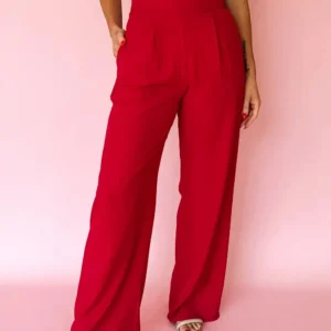 Fiery Red Pleated Pull-On High-Waist Elastic Pants