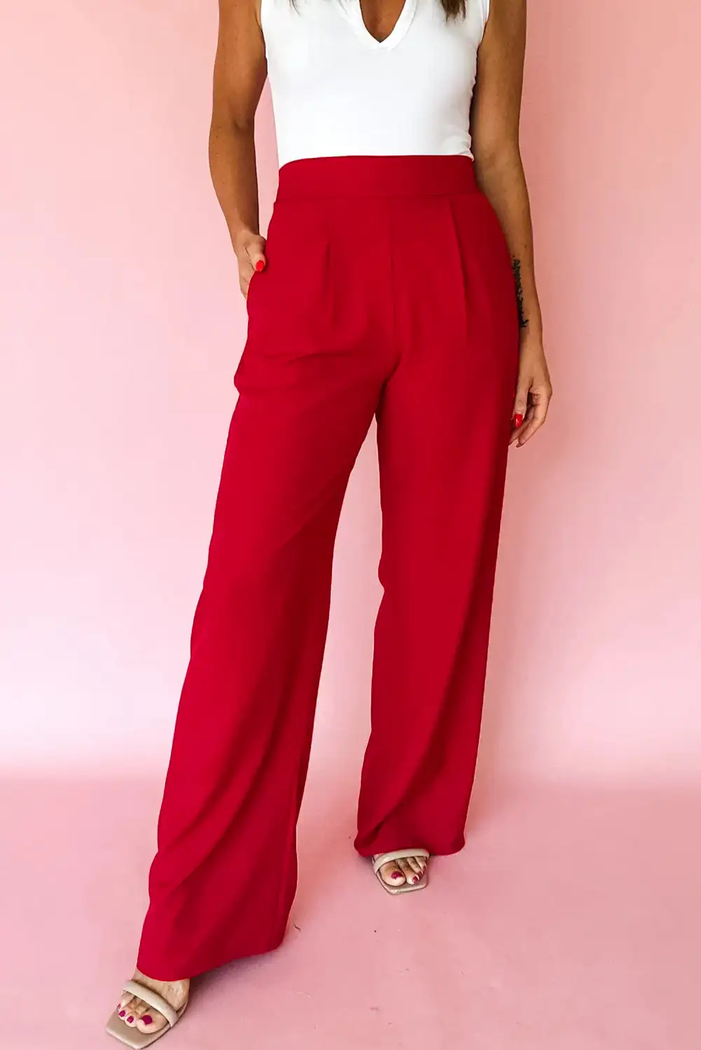 Fiery Red Pleated Pull-On High-Waist Elastic Pants