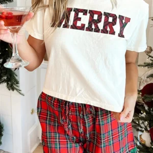 White Plaid Letter-Print Lounge Set: Short Sleeve Top + Elastic Waist Pocket Shorts