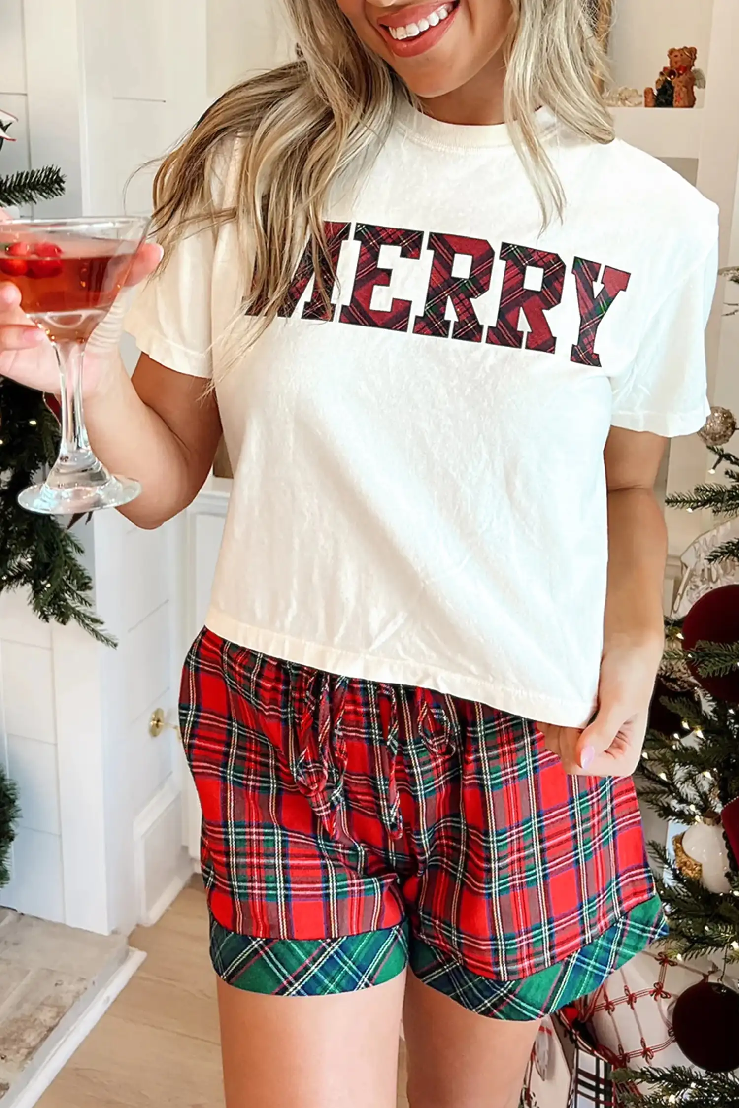 White Plaid Letter-Print Lounge Set: Short Sleeve Top + Elastic Waist Pocket Shorts