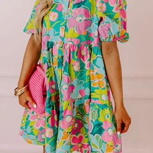 Fresh Green Floral Babydoll Dress for Vacation with Puffy Sleeves Perfect for Summer Casual Wear in Southern Belle Style