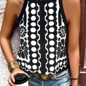 Black Abstract Floral Dot Tank Top