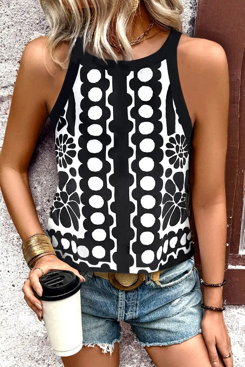 Black Abstract Floral Dot Tank Top