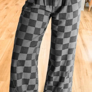 Dark Grey Checkered Denim Wide-Leg Jeans