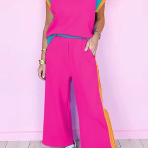Trendy Strawberry Pink Color Block Two-Piece Casual Summer Set for Effortless Style