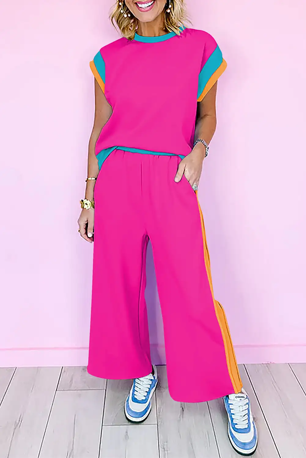 Strawberry Pink Color Block Two-piece Set