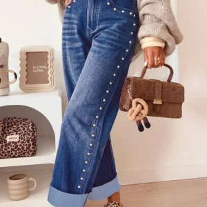 Navy Blue Studded-Detail Straight-Leg Jeans