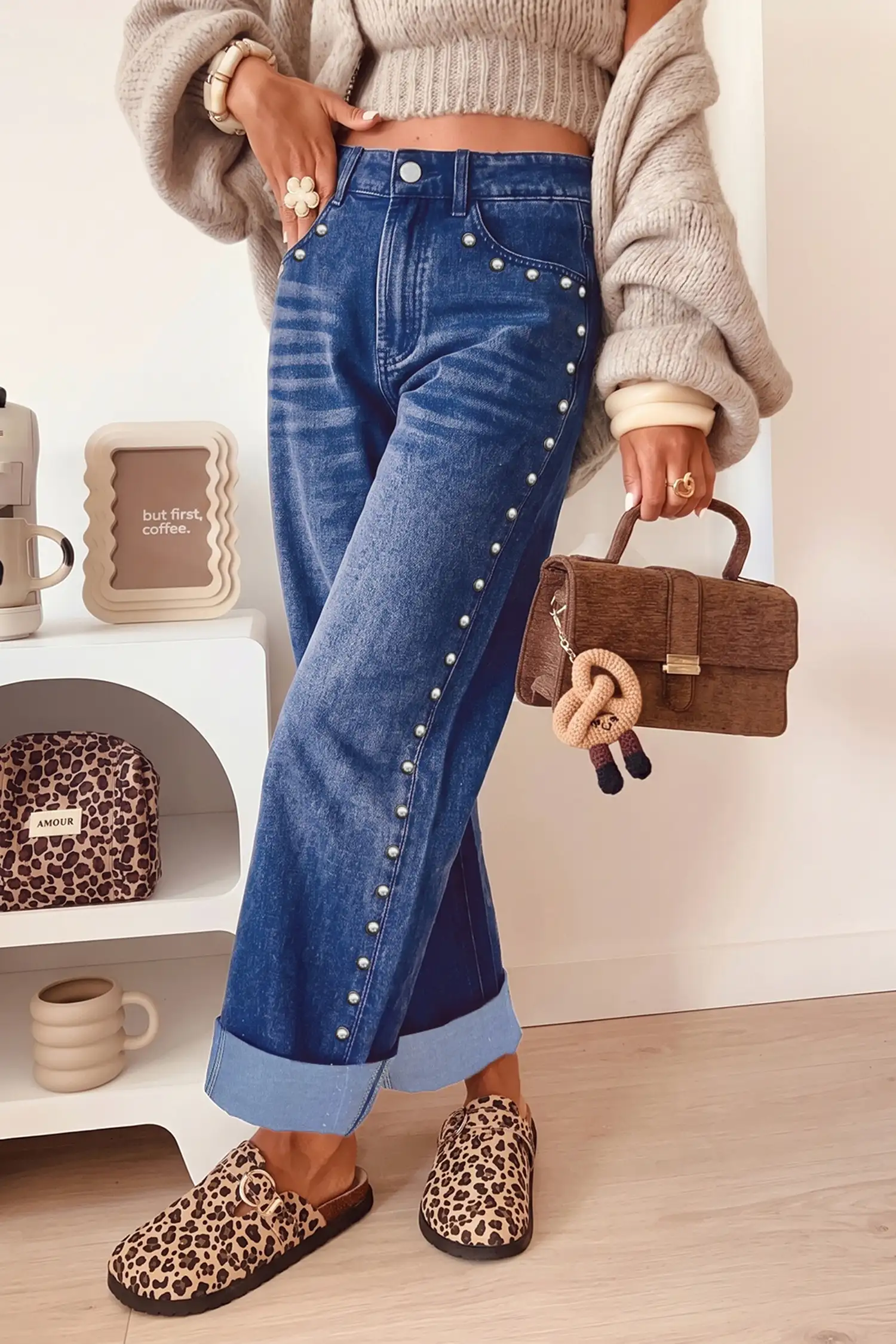 Navy Blue Studded-Detail Straight-Leg Jeans