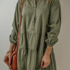 Chic Jungle Green Puff Sleeve Mini Dress Perfect for Daily Casual Fall and Autumn Best Sellers