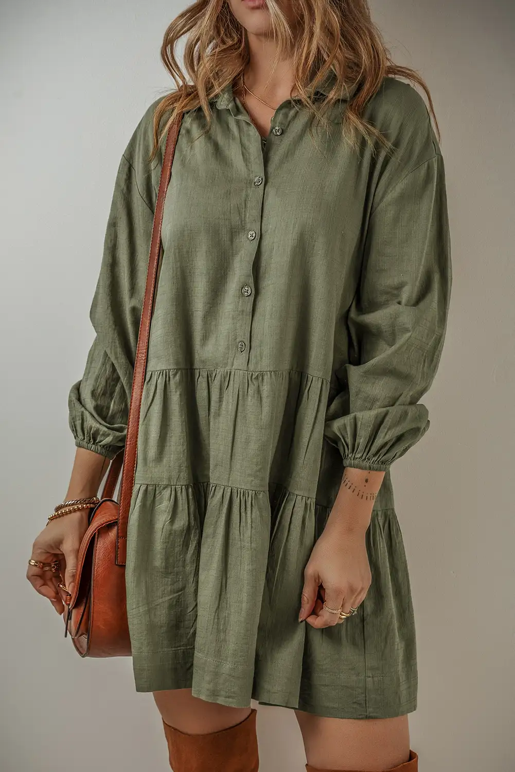 Chic Jungle Green Puff Sleeve Mini Dress